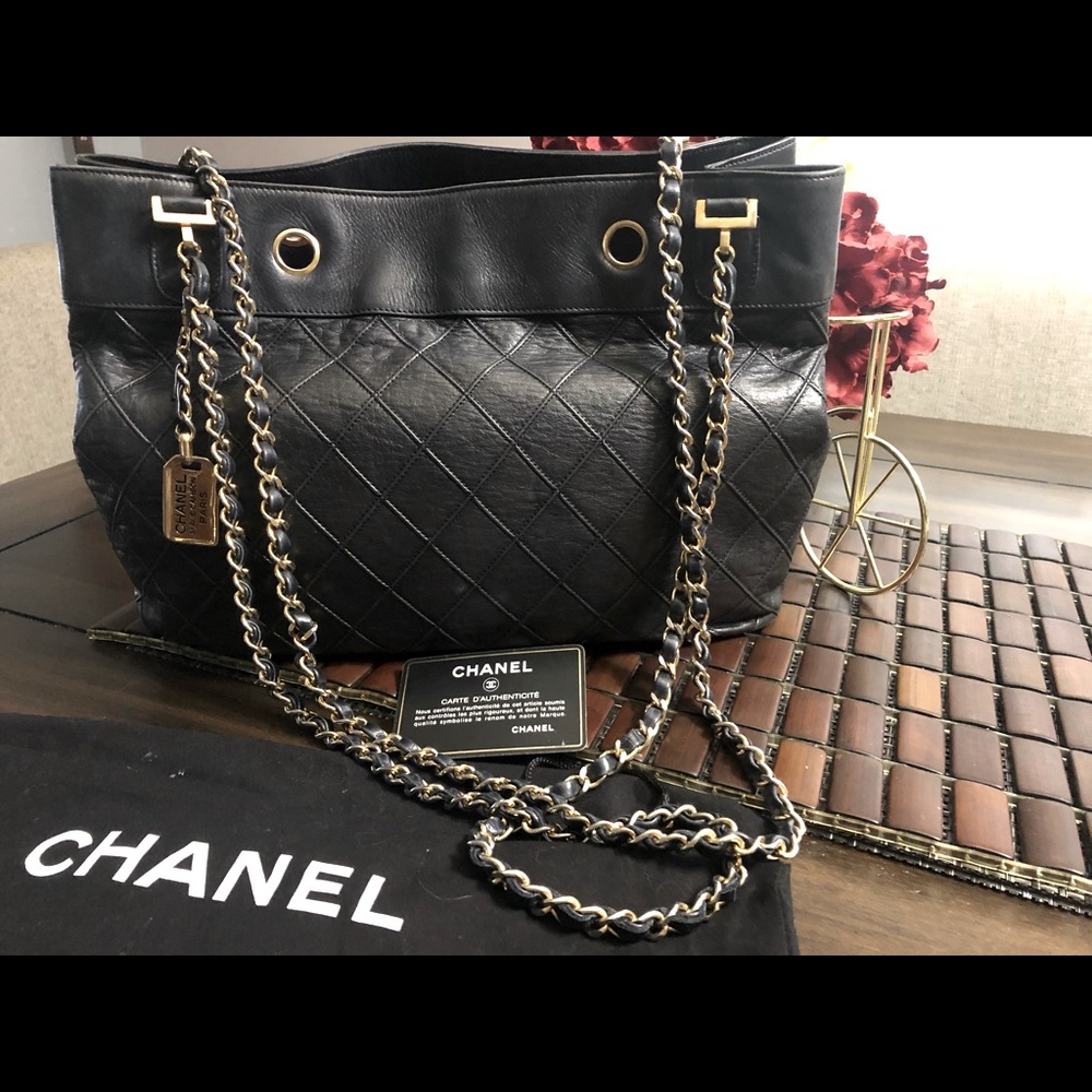 Authentic CHANEL Dark Navy Lambskin Tote